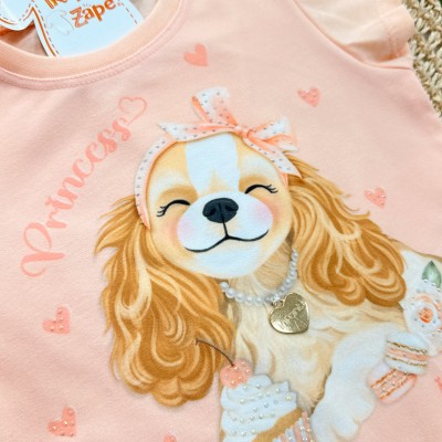  Conj. Blusa Doguinha Princess e Short Corações em Linho - Salmão e Areia